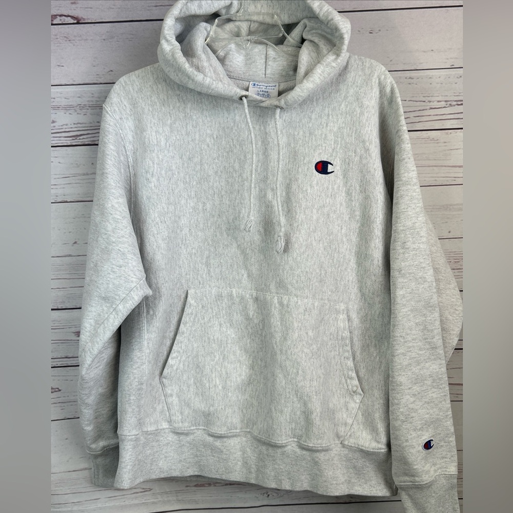 Champion Reverse Weave Hoodie Mens Large Gray Pullover Fleece Logo Sweatshirt